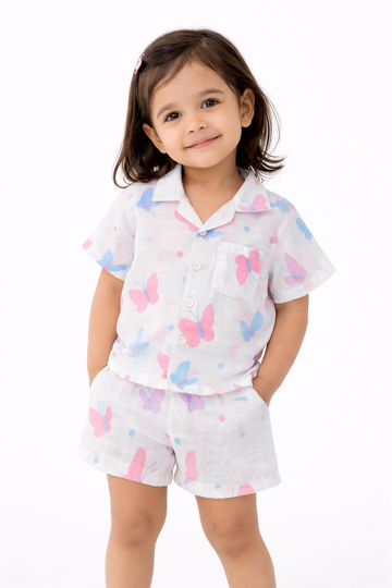 Ivory Trends Premium Muslin Cotton Butterfly Print Kids Night Suit Set | Soft Summer Co-ord Sleepwear for Girls (1-5 Years)