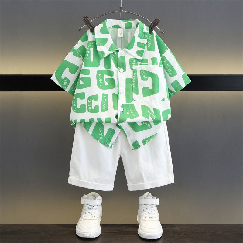 Boys Green Printed Half Sleeve Shirt with White Shorts Set