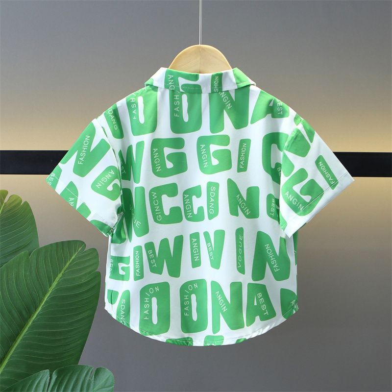 Boys Green Printed Half Sleeve Shirt with White Shorts Set