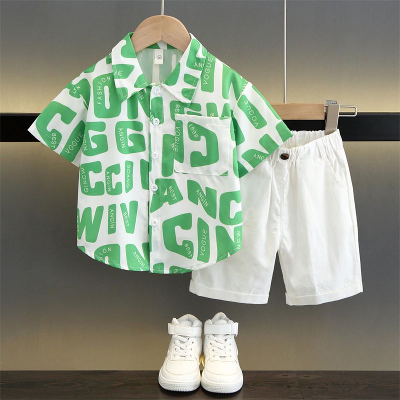 Boys Green Printed Half Sleeve Shirt with White Shorts Set