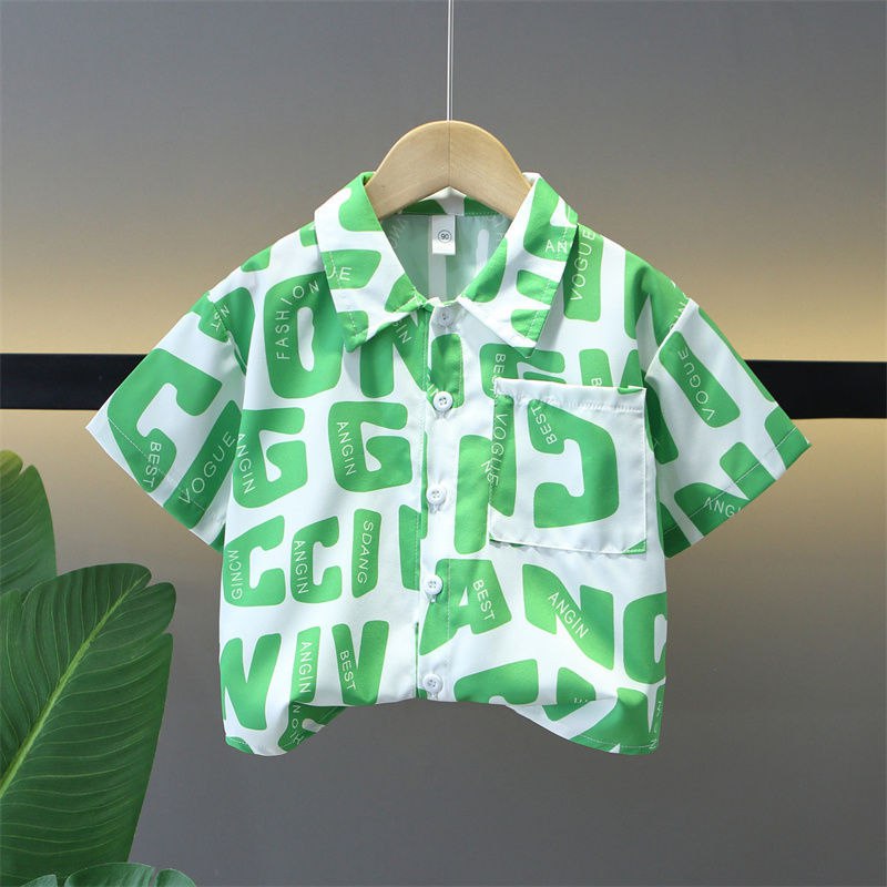 Boys Green Printed Half Sleeve Shirt with White Shorts Set