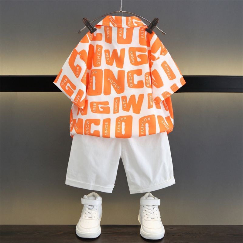 Boys Orange Printed Half Sleeve Shirt with White Shorts Co-Ord Set