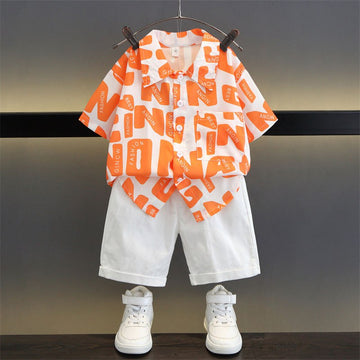 Boys Orange Printed Half Sleeve Shirt with White Shorts Co-Ord Set
