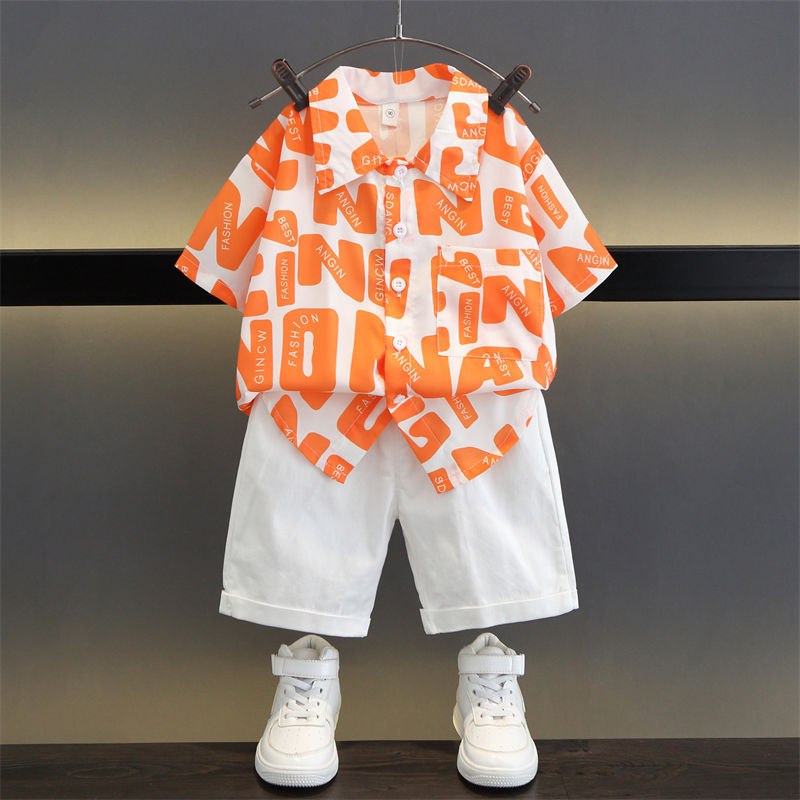 Boys Orange Printed Half Sleeve Shirt with White Shorts Co-Ord Set