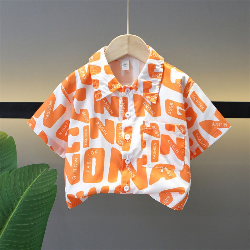 Boys Orange Printed Half Sleeve Shirt with White Shorts Co-Ord Set
