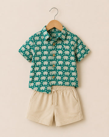 Boys Green Elephant Print Shirt & Shorts Set – Stylish Casual Summer Outfit