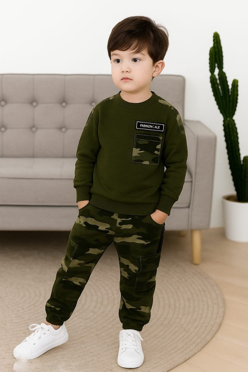 Boys Olive Green Commando Sweatshirt & Camouflage Jogger Pants Co-Ord Set