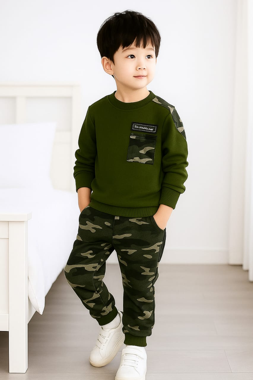 Boys Olive Green Commando Sweatshirt & Camouflage Jogger Pants Co-Ord Set