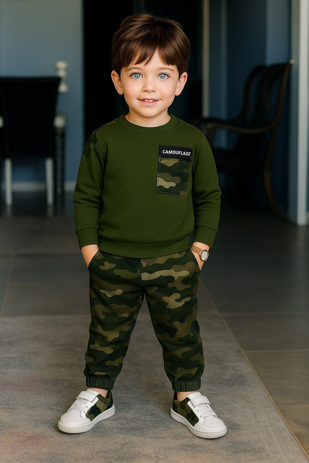 Boys Olive Green Commando Sweatshirt & Camouflage Jogger Pants Co-Ord Set