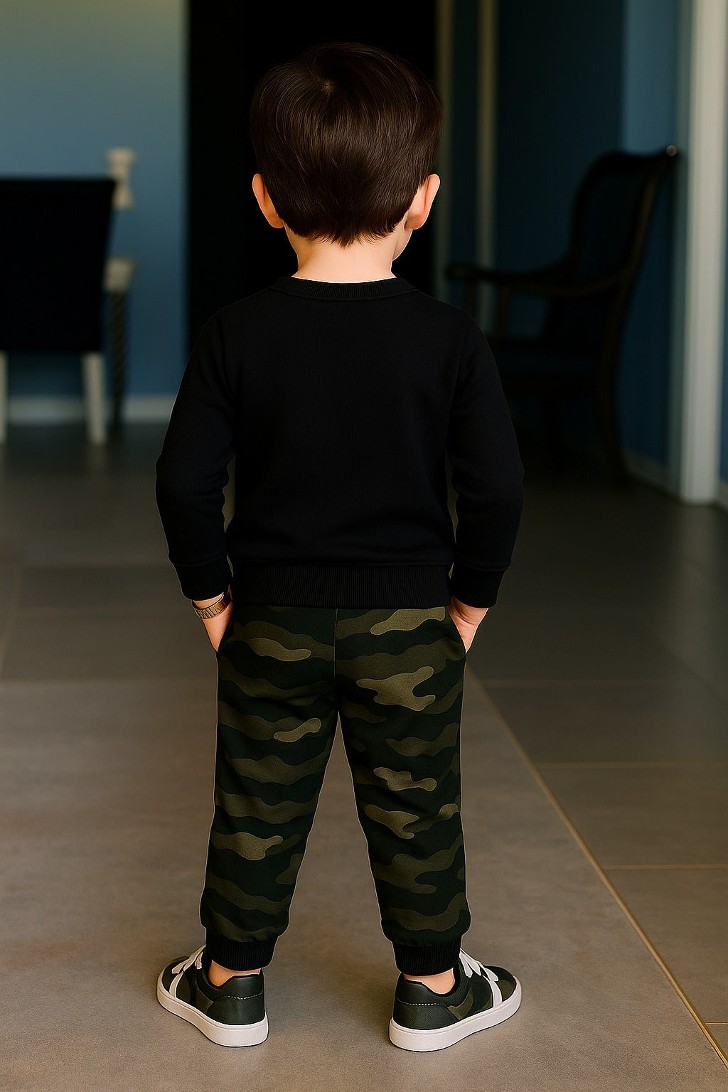 Boys Black Sweatshirt & Camouflage Jogger Pants Set | Full Sleeve Winter Wear Co-Ord Set