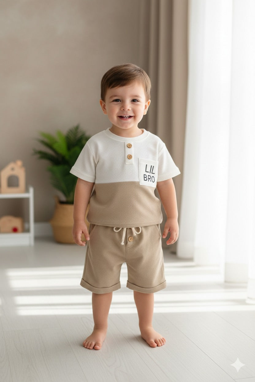 Kids Boys Waffle Cotton Co-Ord Set | Half Sleeve Color Block T-Shirt & Shorts Set | Summer Casual Outfit for Boys