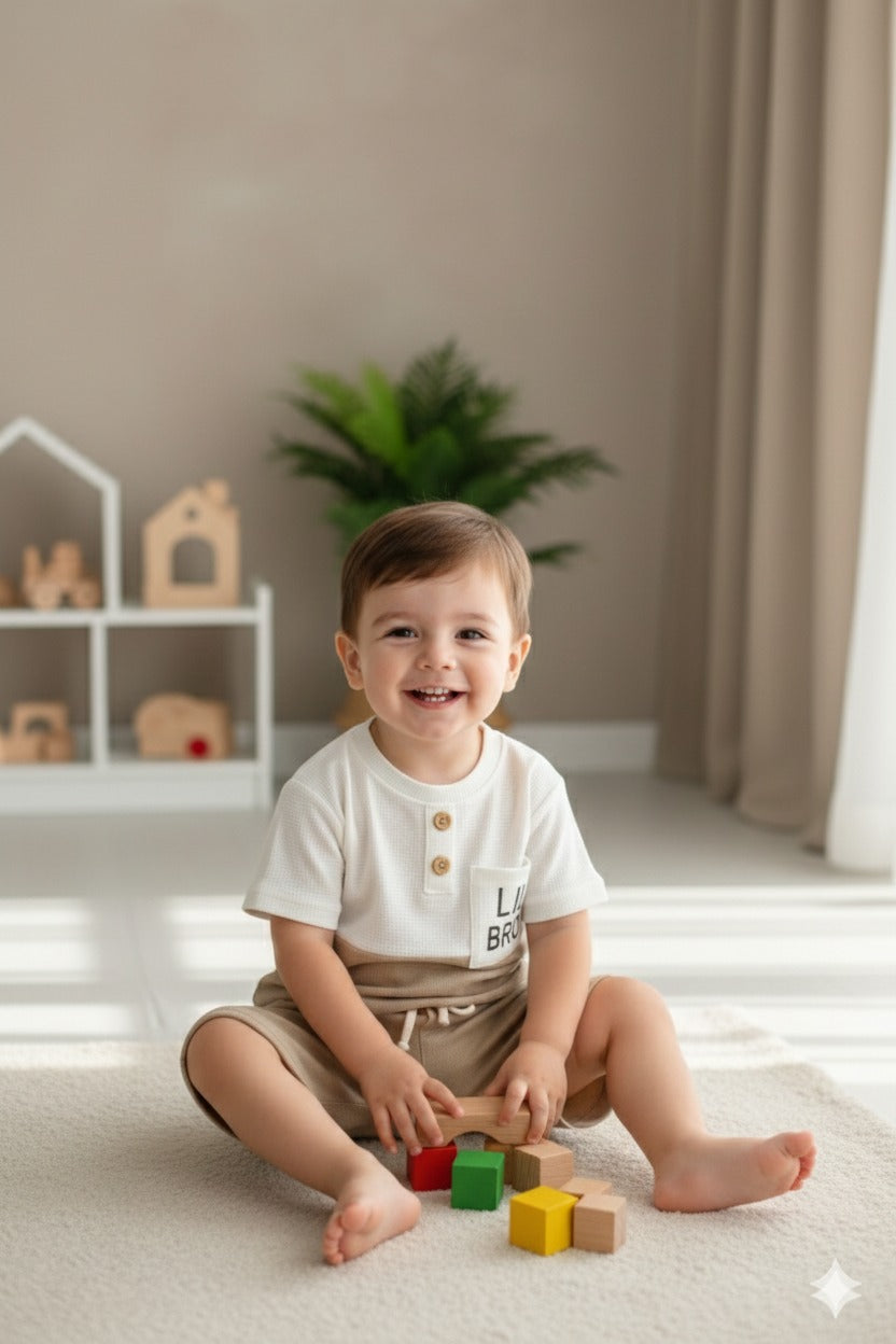 Kids Boys Waffle Cotton Co-Ord Set | Half Sleeve Color Block T-Shirt & Shorts Set | Summer Casual Outfit for Boys