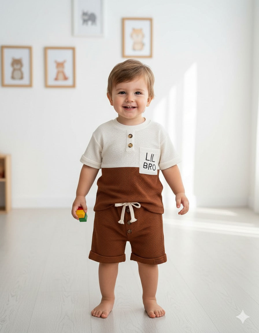 Kids Boys Waffle Cotton Co-Ord Set | Half Sleeve Color Block T-Shirt & Shorts Set | Summer Casual Outfit for Boys